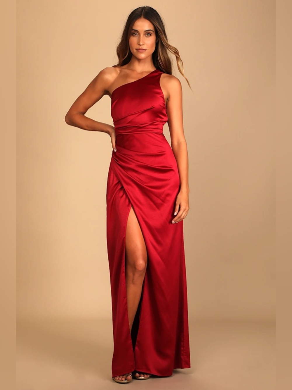 Lulus - Dreaming of Elegance Wine Red Satin One-Shoulder Maxi Dress - M